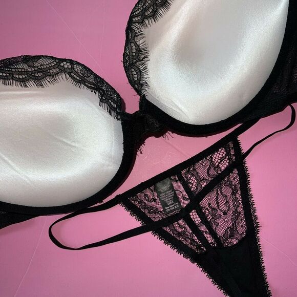Victoria's Secret 36C,36DD,36DDD BRA SET+M/L garter skirt BLACK lace SHINE STRAP - Picture 4 of 5